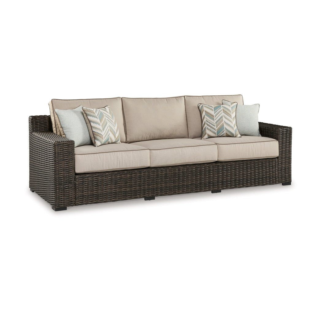 Waga 97 Inch Outdoor Sofa 4 Throw Pillows Brown Resin Wicker Beige By Casagear Home BM315930