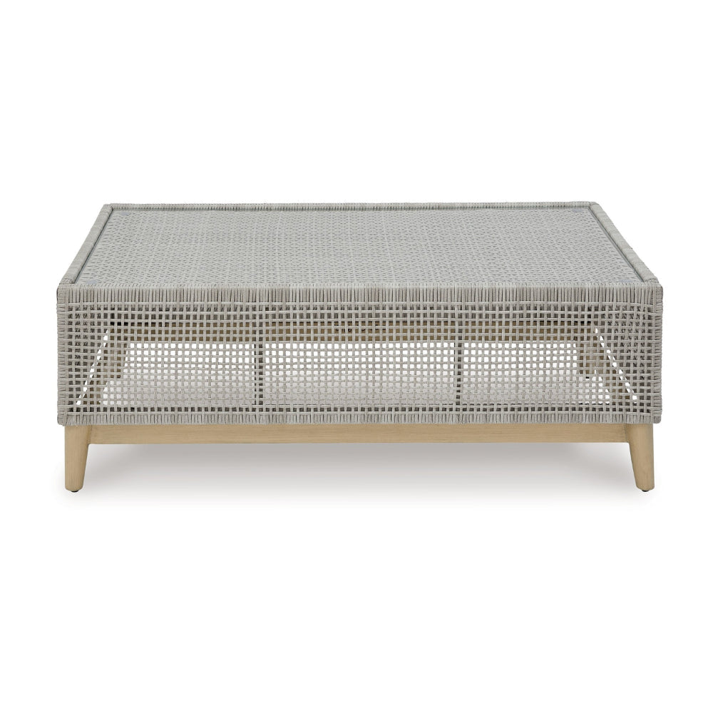 Yami 50 Inch Outdoor Coffee Table Resin Wicker Tempered Glass Top Gray By Casagear Home BM315934