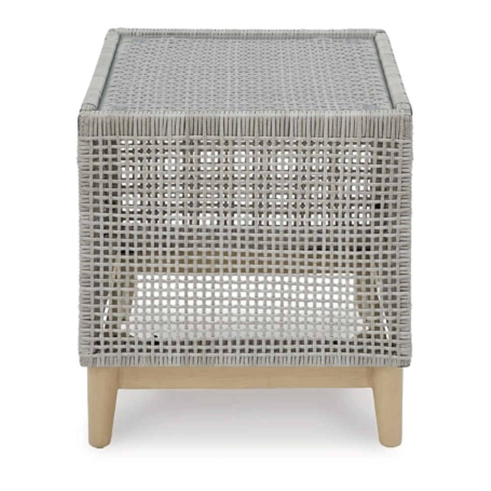 Yami 23 Inch Outdoor Side End Table Resin Wicker Tempered Glass Top Gray By Casagear Home BM315935