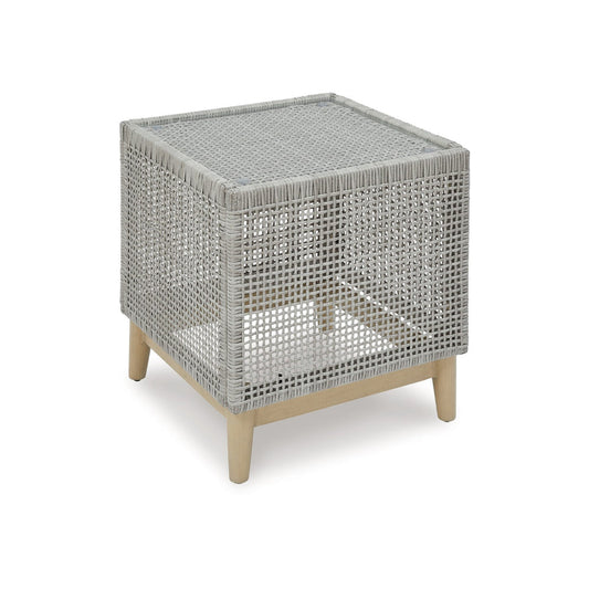 Yami 23 Inch Outdoor Side End Table, Resin Wicker, Tempered Glass Top, Gray By Casagear Home