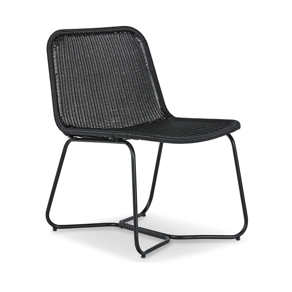 26 Inch Accent Chair, Indoor Outdoor Resin Wicker Design, Black Metal Frame By Casagear Home