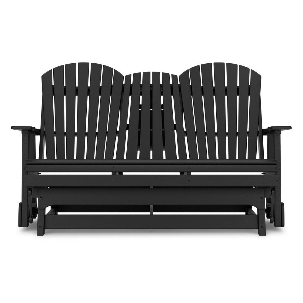 Sami 67 Inch Outdoor Adirondack Glider Loveseat Dropdown Cupholders Black By Casagear Home BM315938