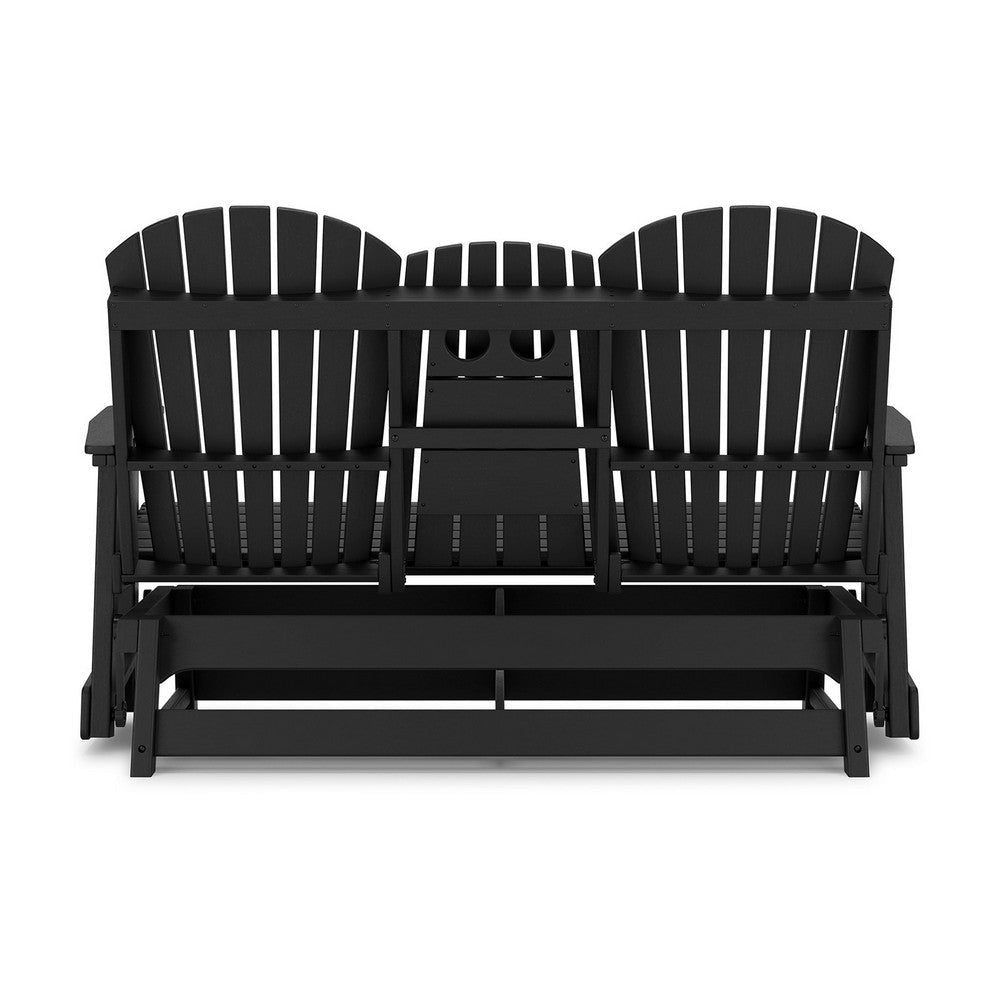 Sami 67 Inch Outdoor Adirondack Glider Loveseat Dropdown Cupholders Black By Casagear Home BM315938