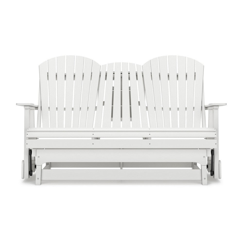 Sami 67 Inch Outdoor Adirondack Glider Loveseat Dropdown Cupholders White By Casagear Home BM315939