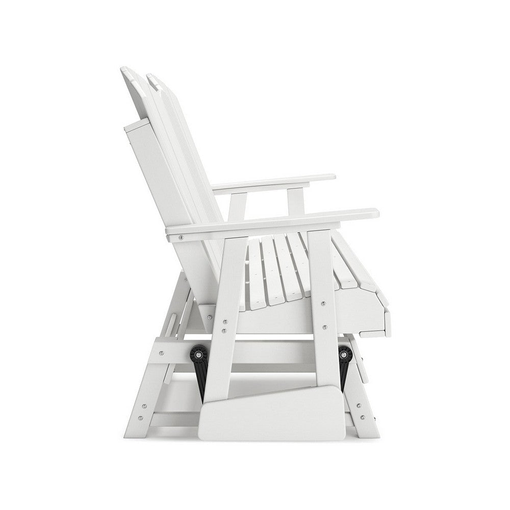 Sami 67 Inch Outdoor Adirondack Glider Loveseat Dropdown Cupholders White By Casagear Home BM315939