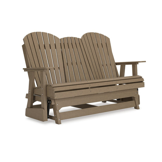 Sami 67 Inch Outdoor Adirondack Glider Loveseat, Dropdown Cupholders, Brown By Casagear Home