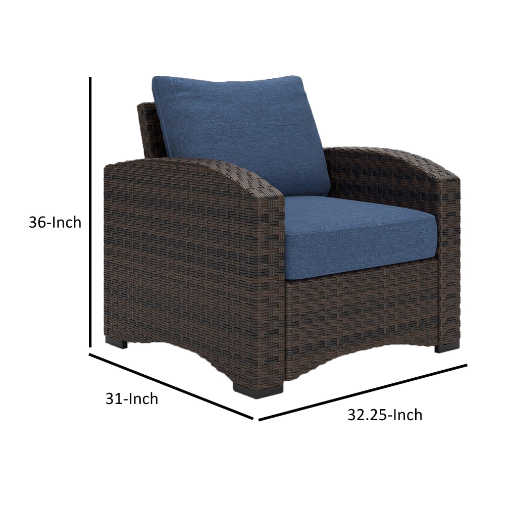 Zivi 32 Inch Outdoor Lounge Chair Cushioned Resin Wicker Blue Brown By Casagear Home BM315941