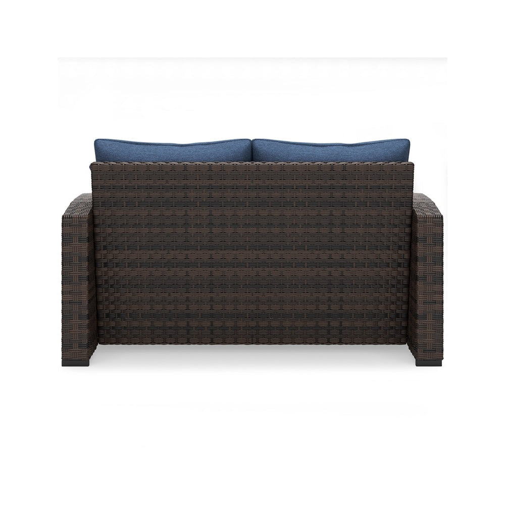 Zivi 57 Inch Outdoor Loveseat Cushioned Seat Resin Wicker Blue Brown By Casagear Home BM315942