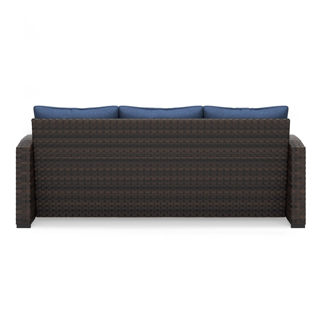 Zivi 80 Inch Outdoor Sofa Cushioned Seating Resin Wicker Blue Brown By Casagear Home BM315943