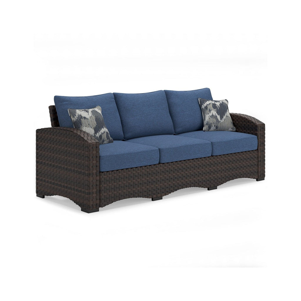 Zivi 80 Inch Outdoor Sofa Cushioned Seating Resin Wicker Blue Brown By Casagear Home BM315943