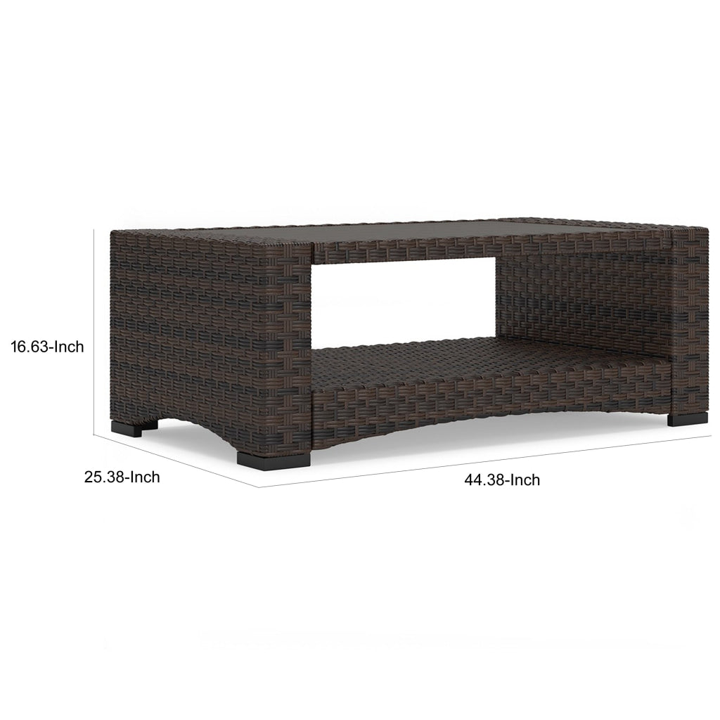 Zivi 44 Inch Outdoor Coffee Table Resin Wicker 1 Bottom Shelf Brown By Casagear Home BM315957