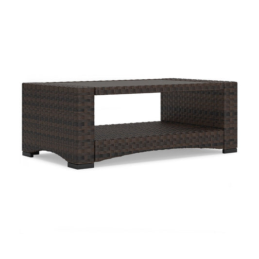 Zivi 44 Inch Outdoor Coffee Table, Resin Wicker, 1 Bottom Shelf, Brown By Casagear Home