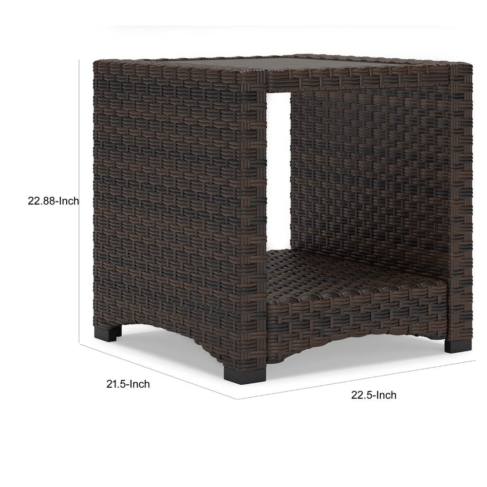 Zivi 23 Inch Outdoor Side End Table Resin Wicker 1 Bottom Shelf Brown By Casagear Home BM315958