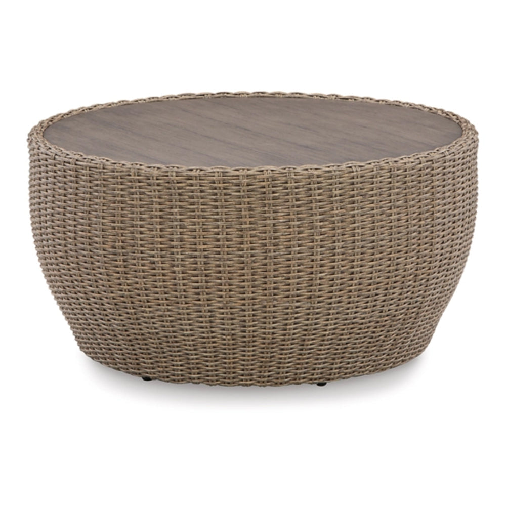 36 Inch Outdoor Coffee Table, Curved, Handwoven Resin Wicker, Beige Finish By Casagear Home