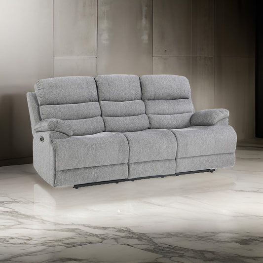 Leena 84 Inch Power Double Recliner Sofa, Gray Chenille, USB, Solid Wood By Casagear Home