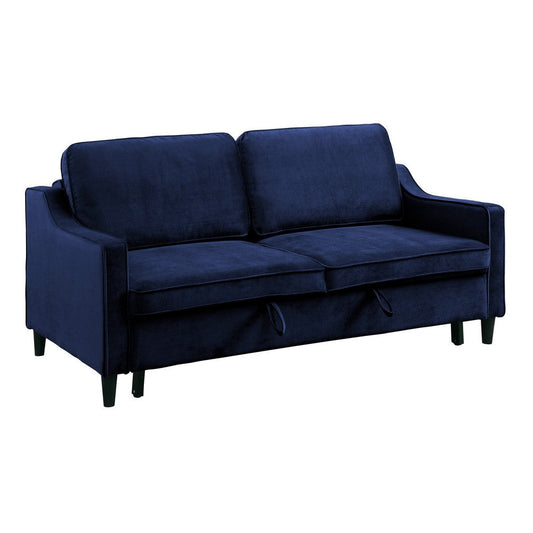 Katy 72 Inch Sleeper Sofa, Convertible Pull Out Bed, Solid Wood Blue Velvet By Casagear Home