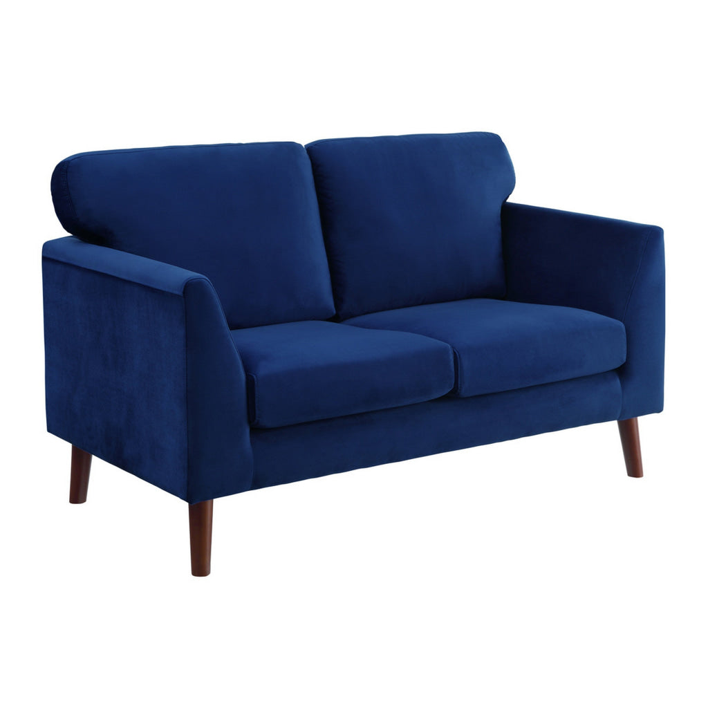 Brad 58 Inch Loveseat Blue Velvet Reversible Cushions Dark Brown Legs By Casagear Home BM316007