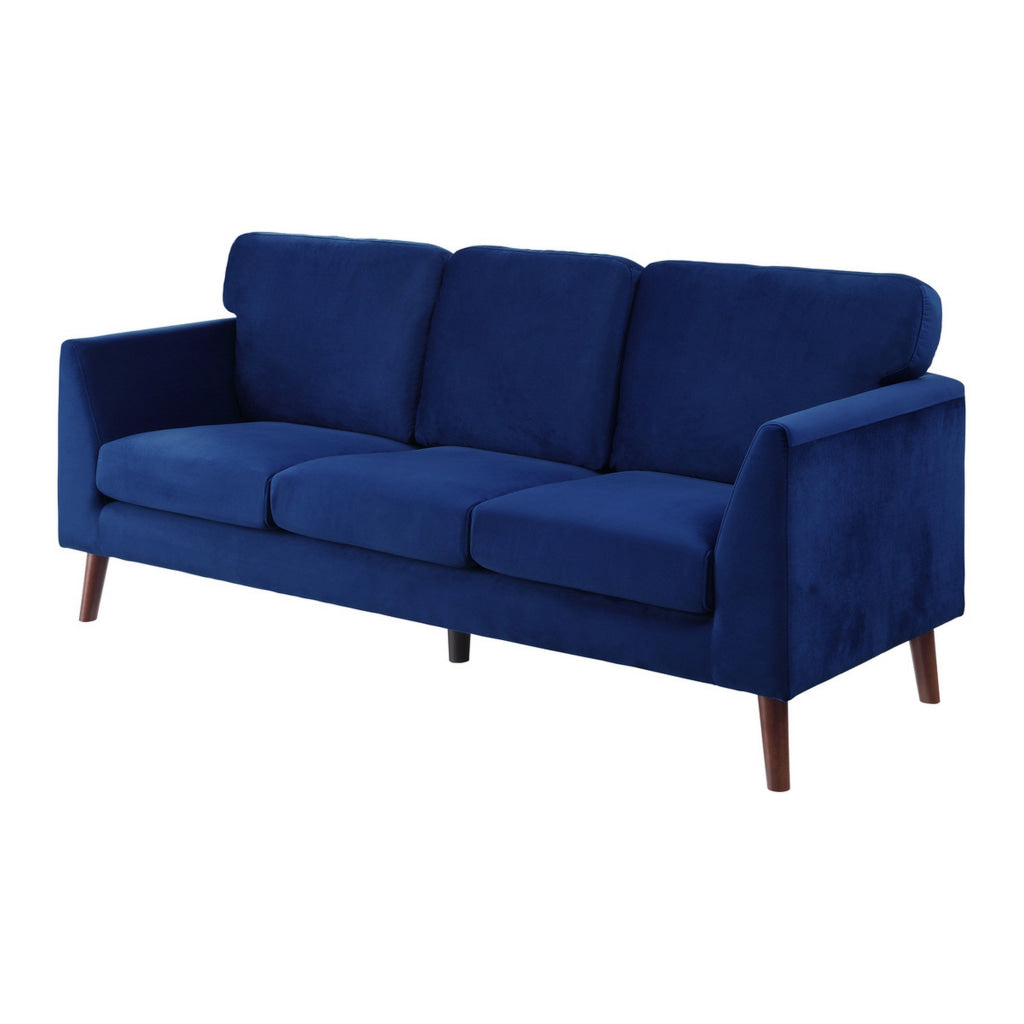 Bard 81 Inch Sofa Blue Velvet Reversible Cushions Dark Brown Solid Wood By Casagear Home BM316008