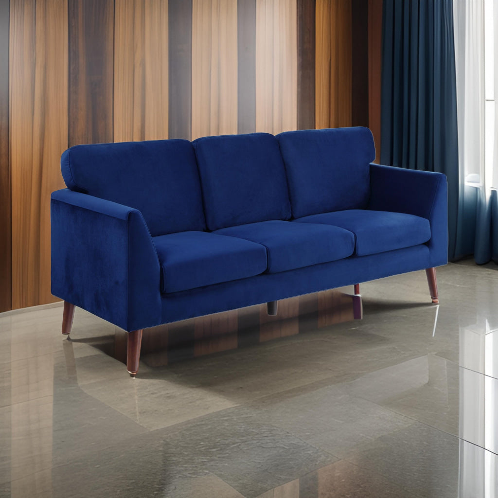 Bard 81 Inch Sofa, Blue Velvet, Reversible Cushions, Dark Brown Solid Wood By Casagear Home