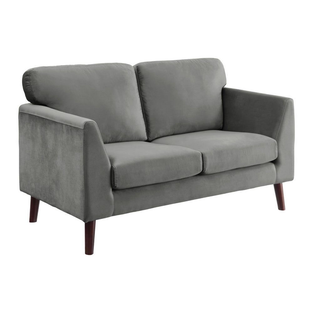 Brad 58 Inch Loveseat, Gray Velvet, Reversible Cushions, Dark Brown Wood By Casagear Home