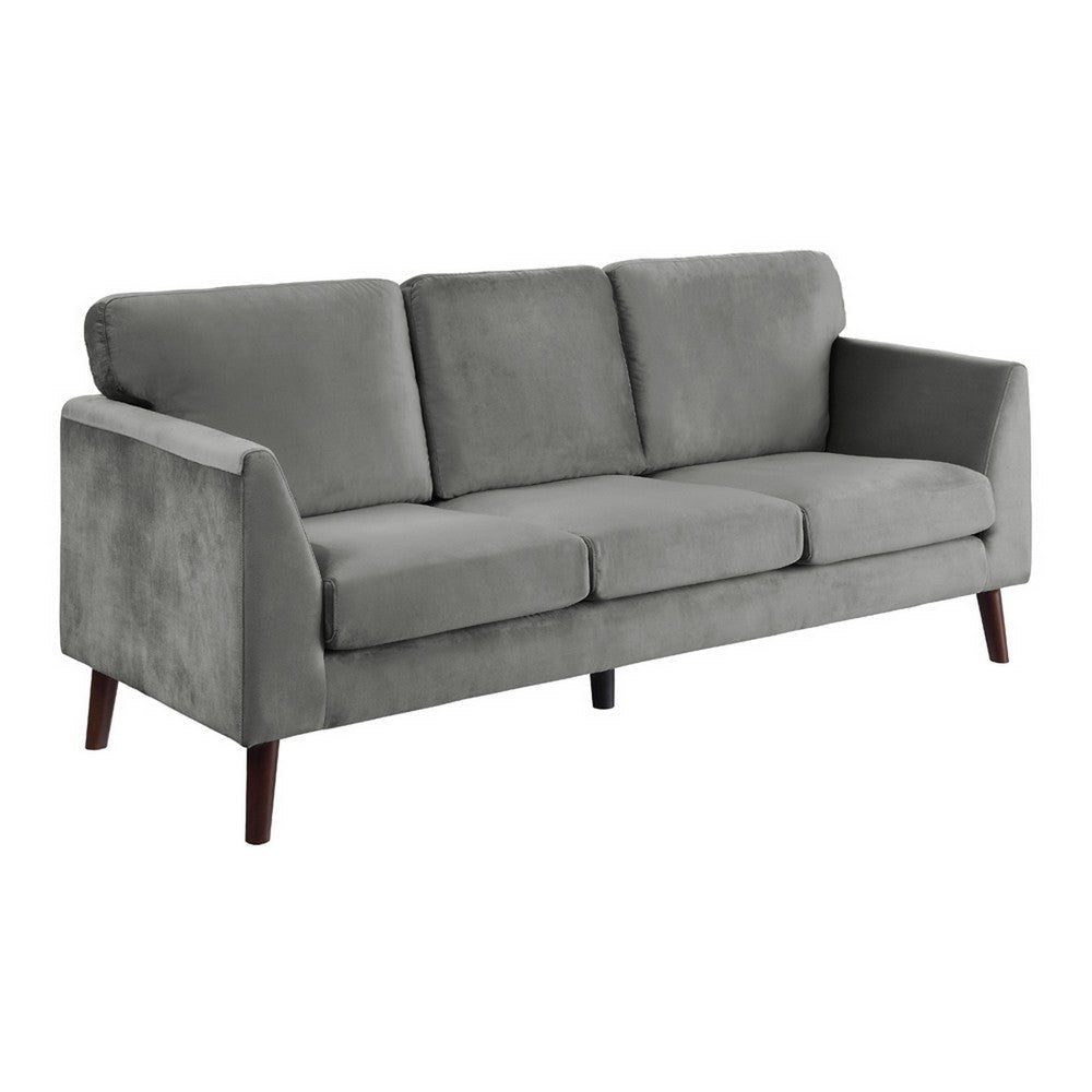 Bard 81 Inch Sofa, Gray Velvet, Reversible Cushions, Dark Brown Solid Wood By Casagear Home