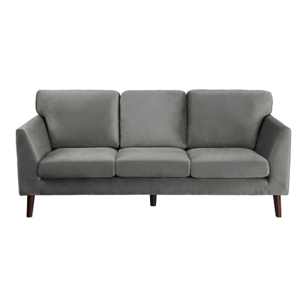 Bard 81 Inch Sofa Gray Velvet Reversible Cushions Dark Brown Solid Wood By Casagear Home BM316010