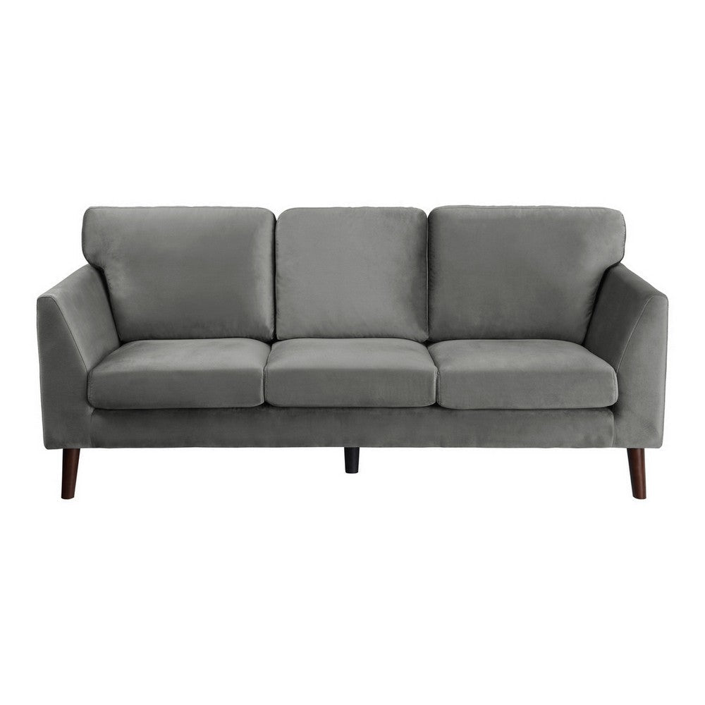 Bard 81 Inch Sofa Gray Velvet Reversible Cushions Dark Brown Solid Wood By Casagear Home BM316010