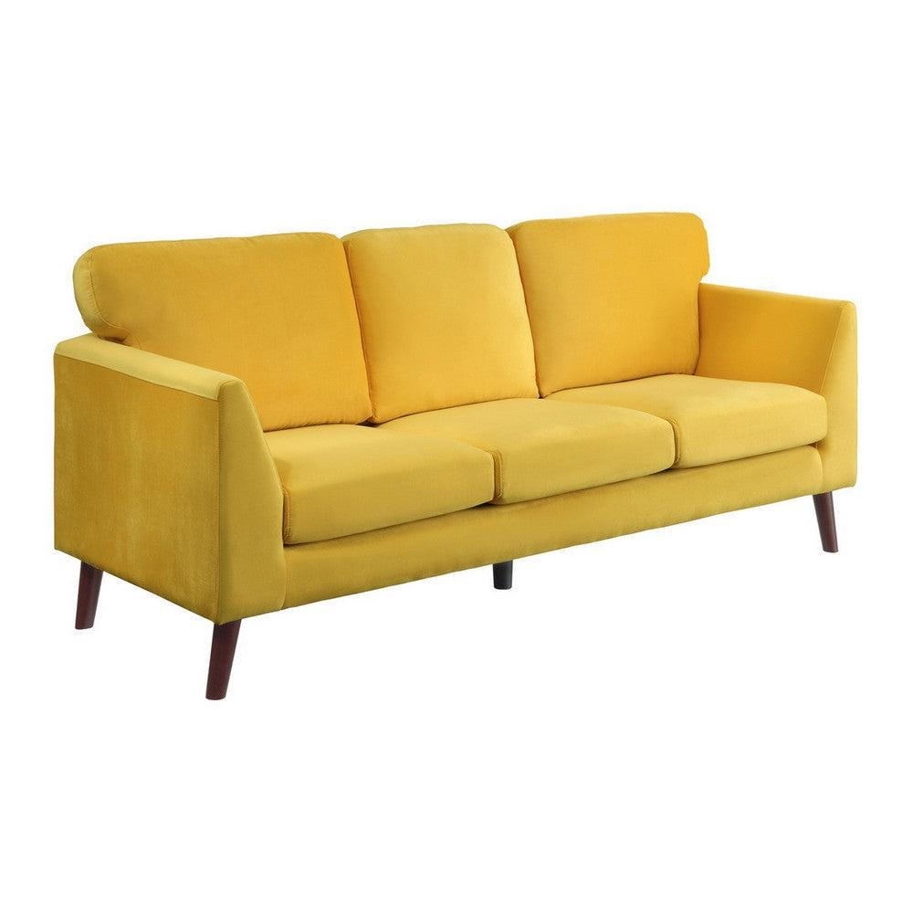 Bard 81 Inch Sofa, Yellow Velvet, Reversible Cushions, Dark Brown Wood By Casagear Home