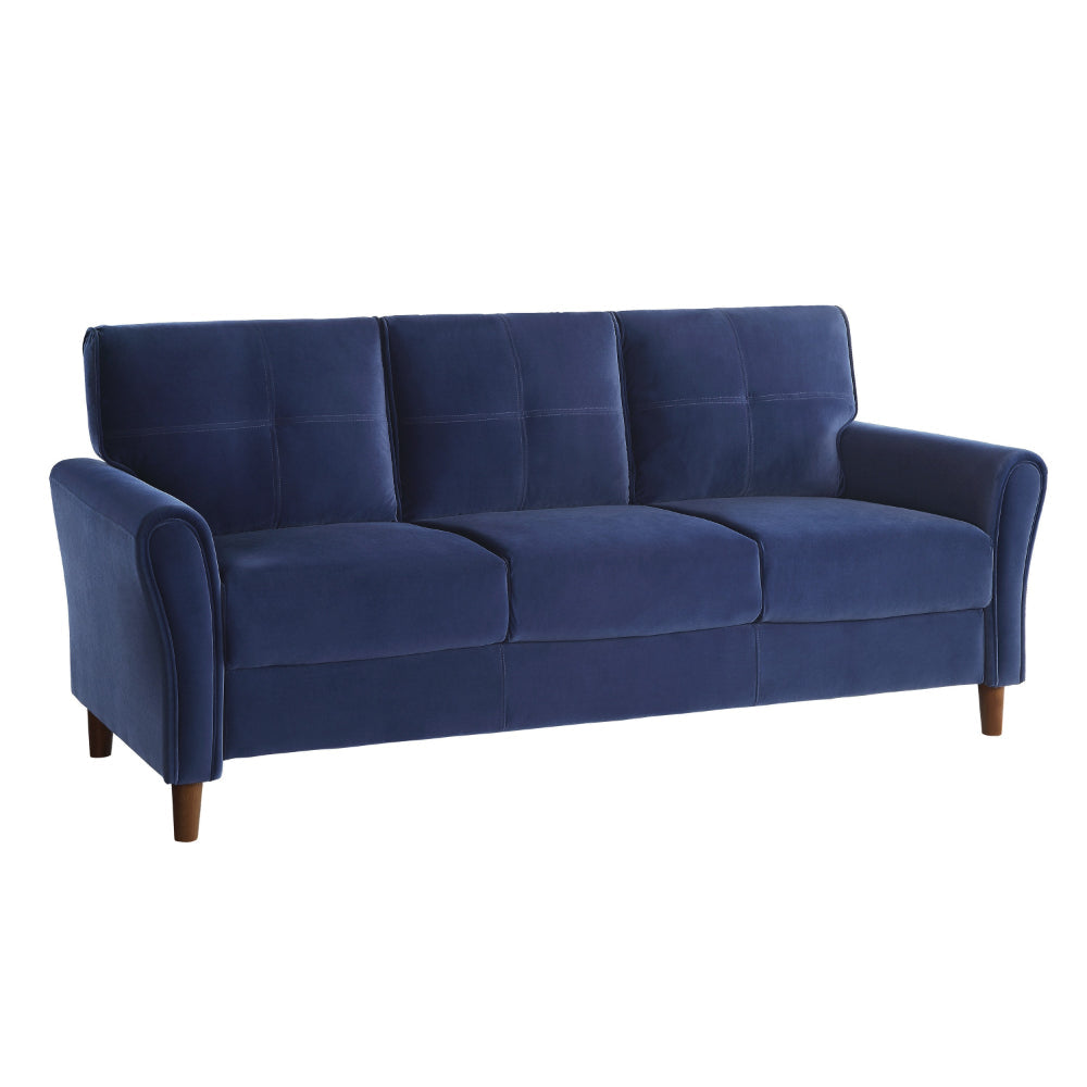 Sarah 80 Inch Sofa, Blue Velvet, Stitch Tufting, Reversible Cushions By Casagear Home