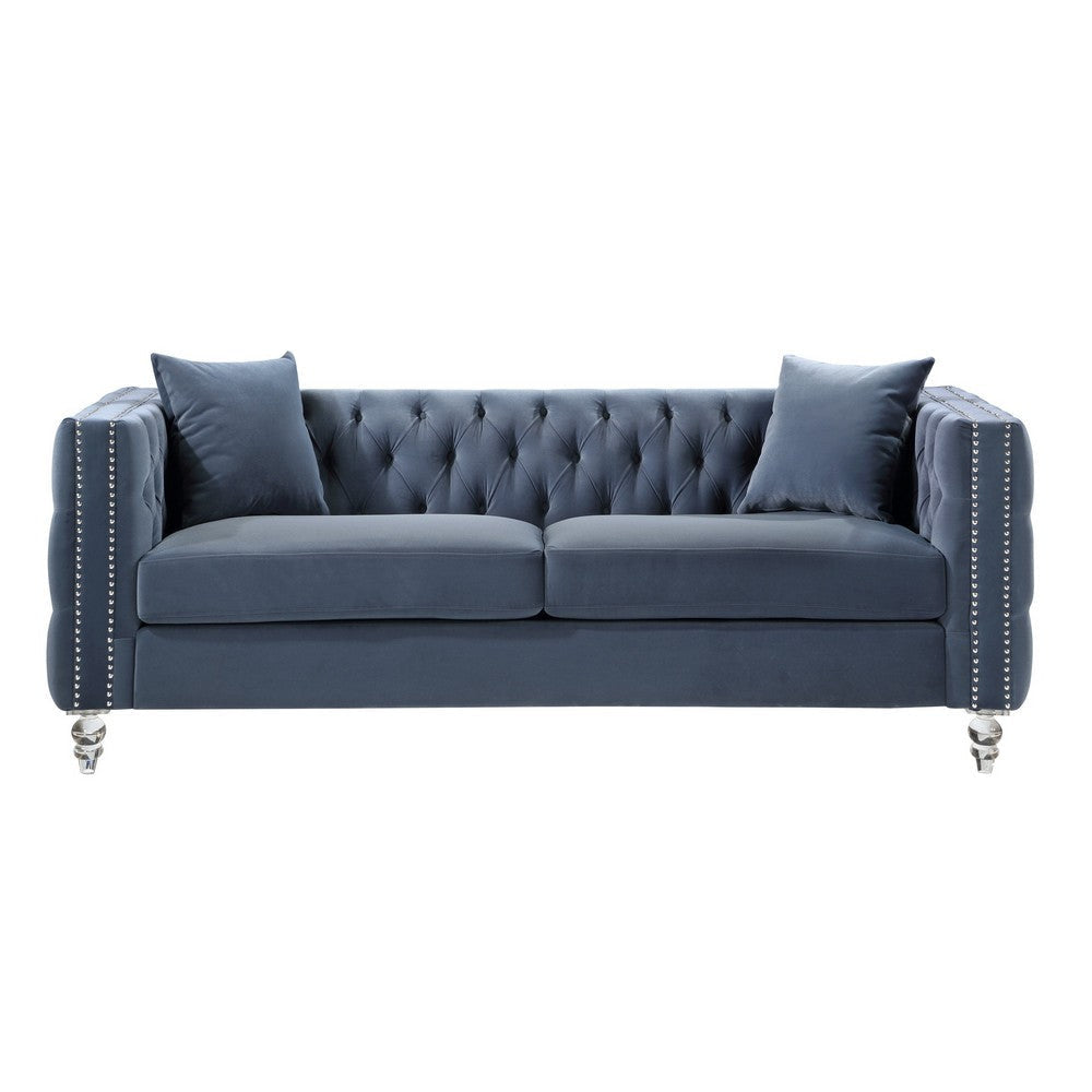 Gigi 85 Inch Sofa Dark Blue Velvet Nailhead Trim Reversible Cushions By Casagear Home BM316026