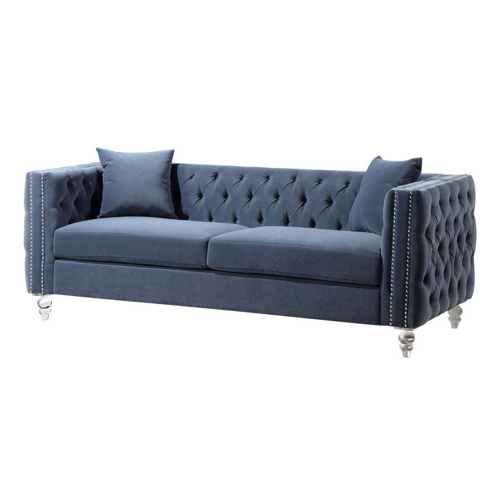 Gigi 85 Inch Sofa Dark Blue Velvet Nailhead Trim Reversible Cushions By Casagear Home BM316026