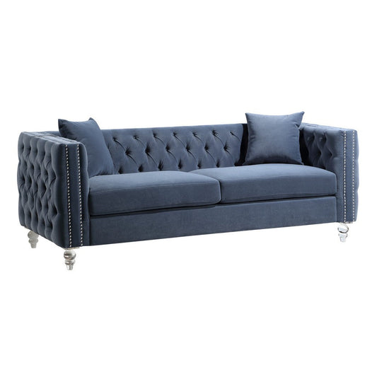 Gigi 85 Inch Sofa, Dark Blue Velvet, Nailhead Trim, Reversible Cushions By Casagear Home