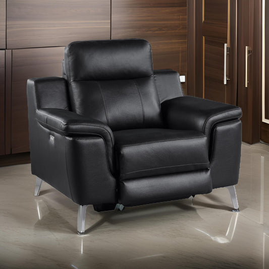 Dave 39 Inch Power Recliner Chair, Black Faux and Real Leather, Solid Wood By Casagear Home