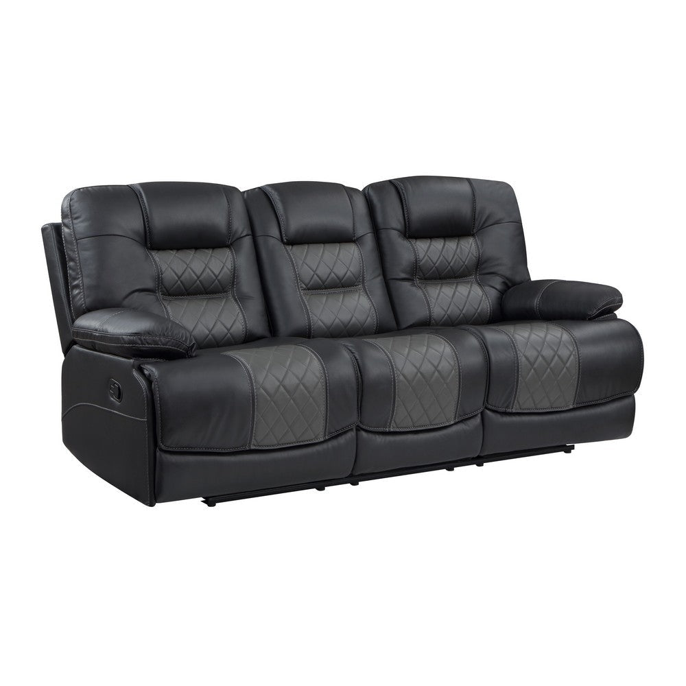 Liam 88 Inch Manual Recliner Sofa, Drop Table Cupholders, Gray Faux Leather By Casagear Home