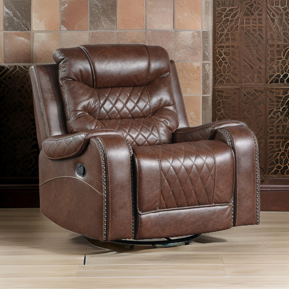 Paul 38 Inch Manual Swivel Glider Recliner Chair Brown Faux Leather By Casagear Home BM316051