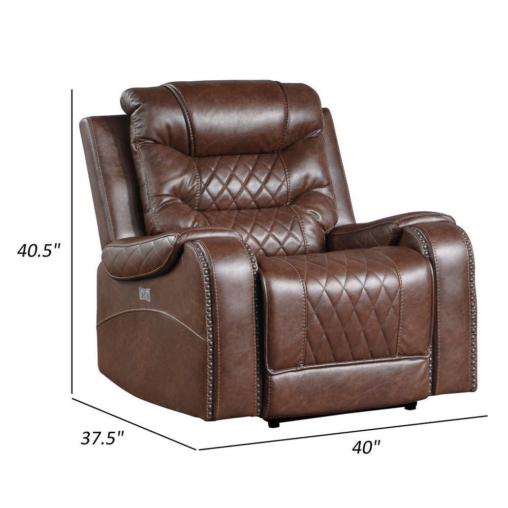 Paul 38 Inch Power Swivel Glider Recliner Chair USB Brown Faux Leather By Casagear Home BM316053