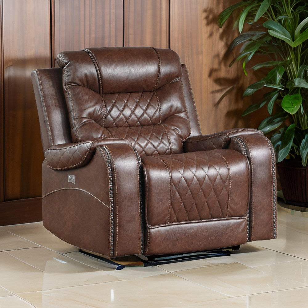 Paul 38 Inch Power Swivel Glider Recliner Chair USB Brown Faux Leather By Casagear Home BM316053