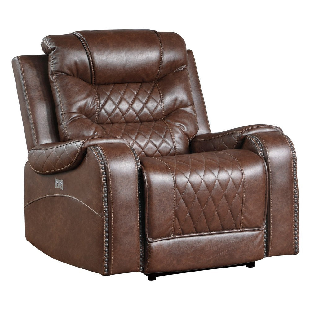 Paul 38 Inch Power Swivel Glider Recliner Chair USB Brown Faux Leather By Casagear Home BM316053