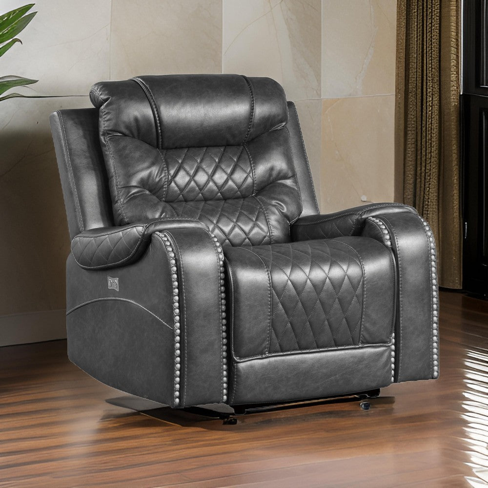 Paul 38 Inch Power Swivel Glider Recliner Chair USB Gray Faux Leather By Casagear Home BM316054