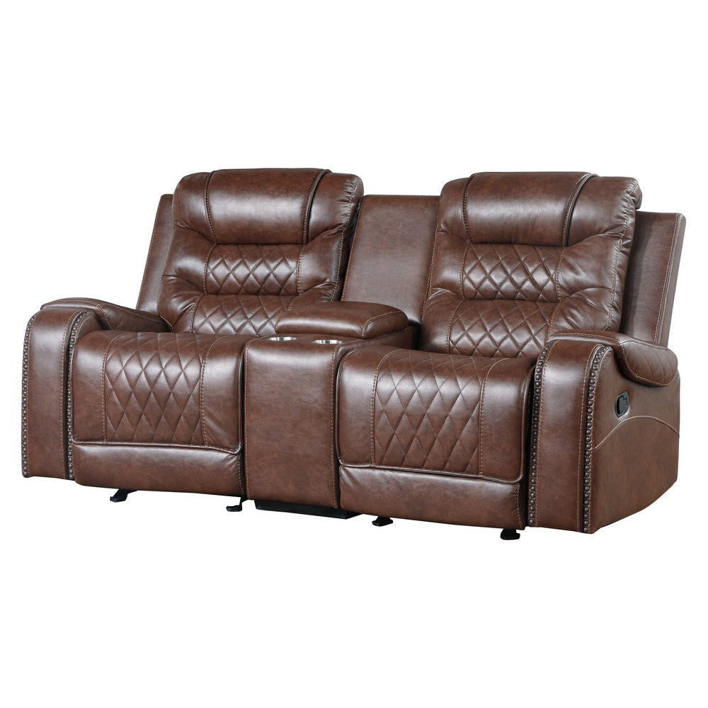 Paul 78 Inch Manual Recliner Loveseat Cupholder Console Brown Faux Leather By Casagear Home BM316055