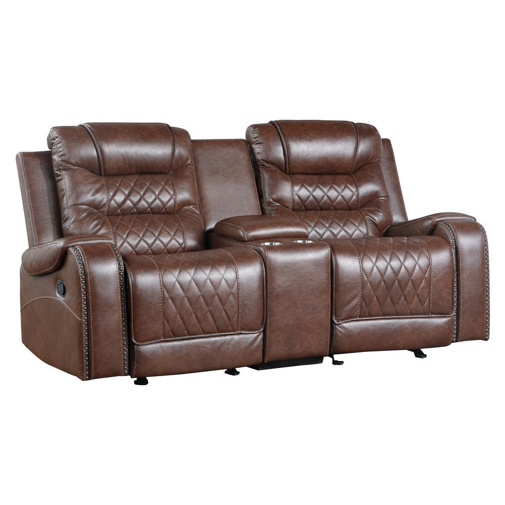 Paul 78 Inch Manual Recliner Loveseat, Cupholder Console Brown Faux Leather By Casagear Home