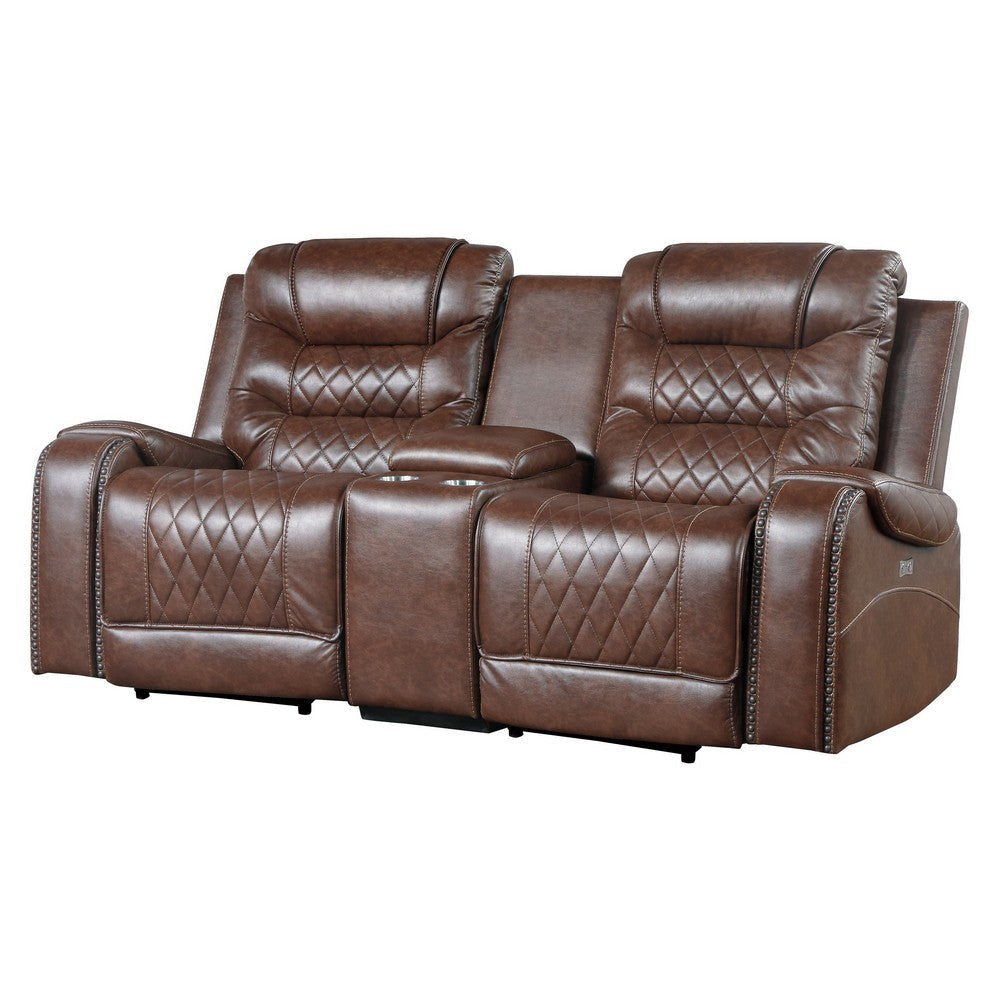 Paul 78 Inch Power Recliner Loveseat Cupholder Console Brown Faux Leather By Casagear Home BM316056