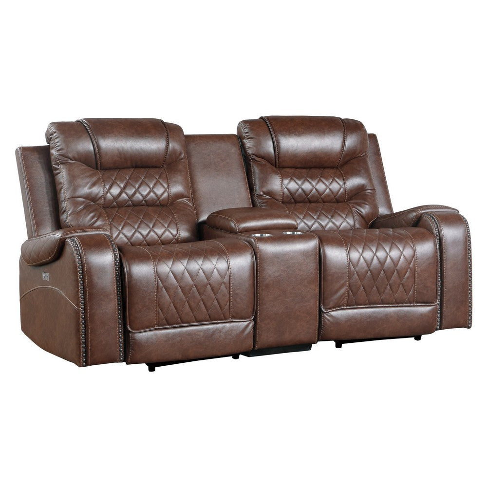 Paul 78 Inch Power Recliner Loveseat, Cupholder Console, Brown Faux Leather By Casagear Home