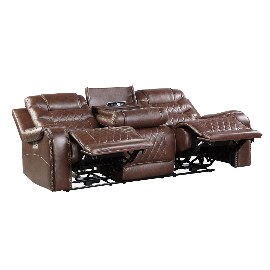 Paul 87 Inch Power Recliner Sofa Drop Table Cupholders Brown Faux Leather By Casagear Home BM316059