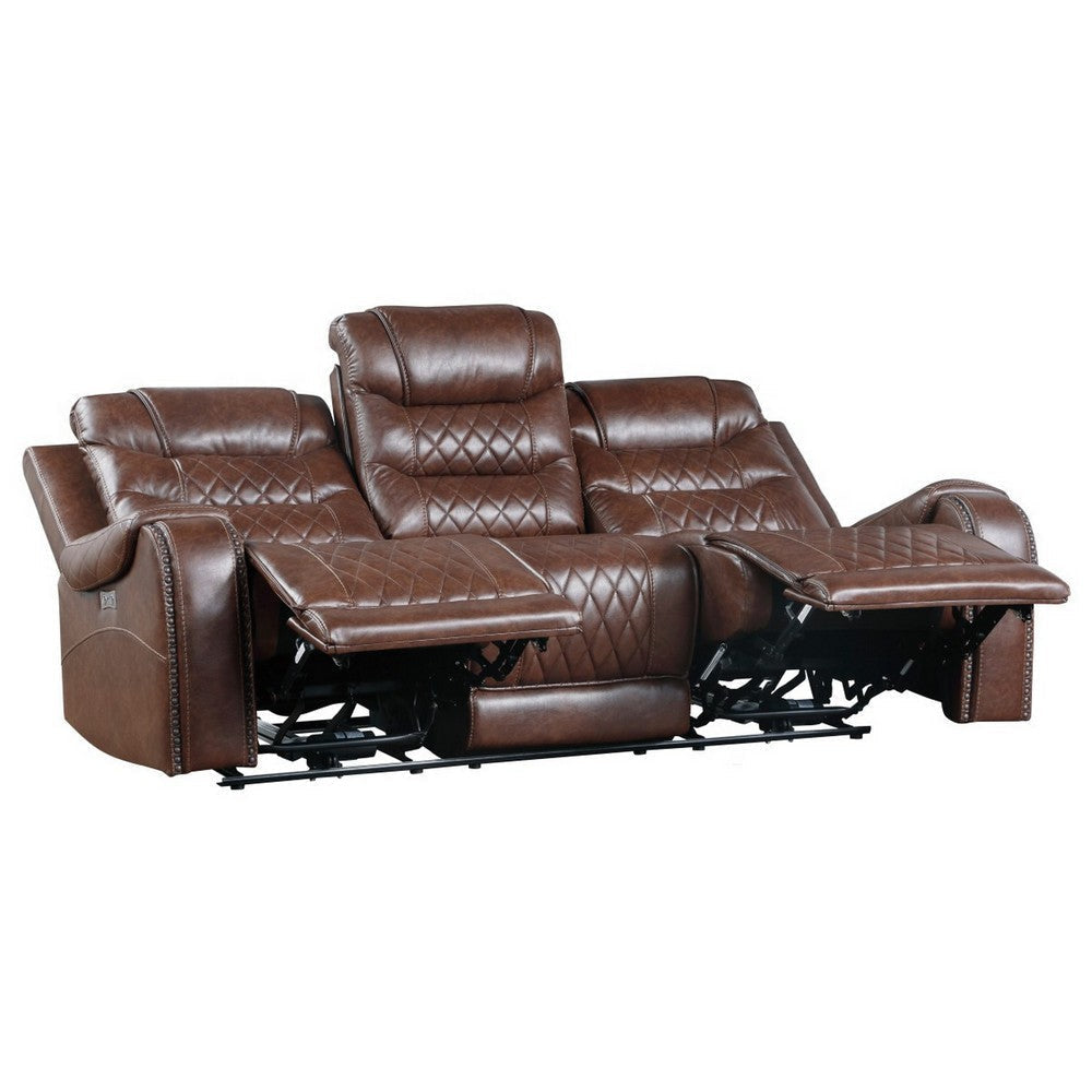 Paul 87 Inch Power Recliner Sofa Drop Table Cupholders Brown Faux Leather By Casagear Home BM316059