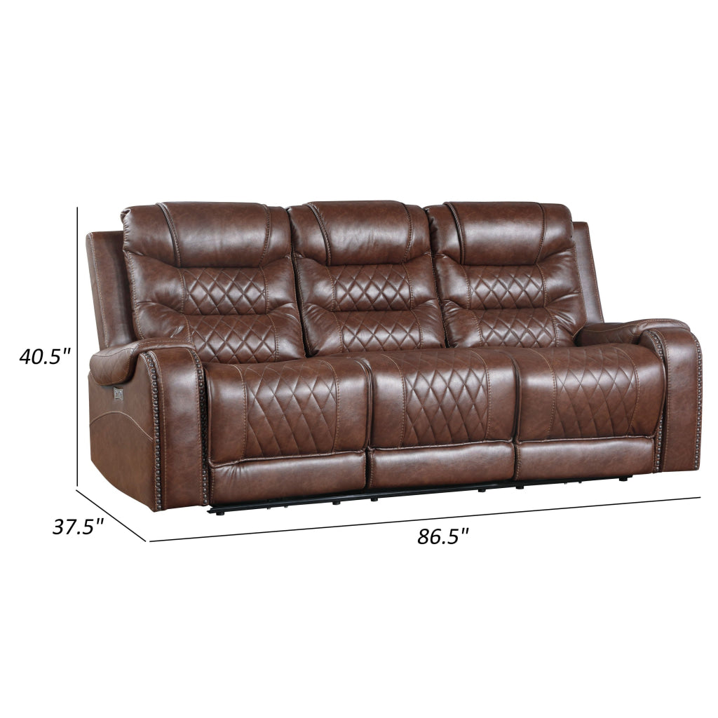 Paul 87 Inch Power Recliner Sofa Drop Table Cupholders Brown Faux Leather By Casagear Home BM316059