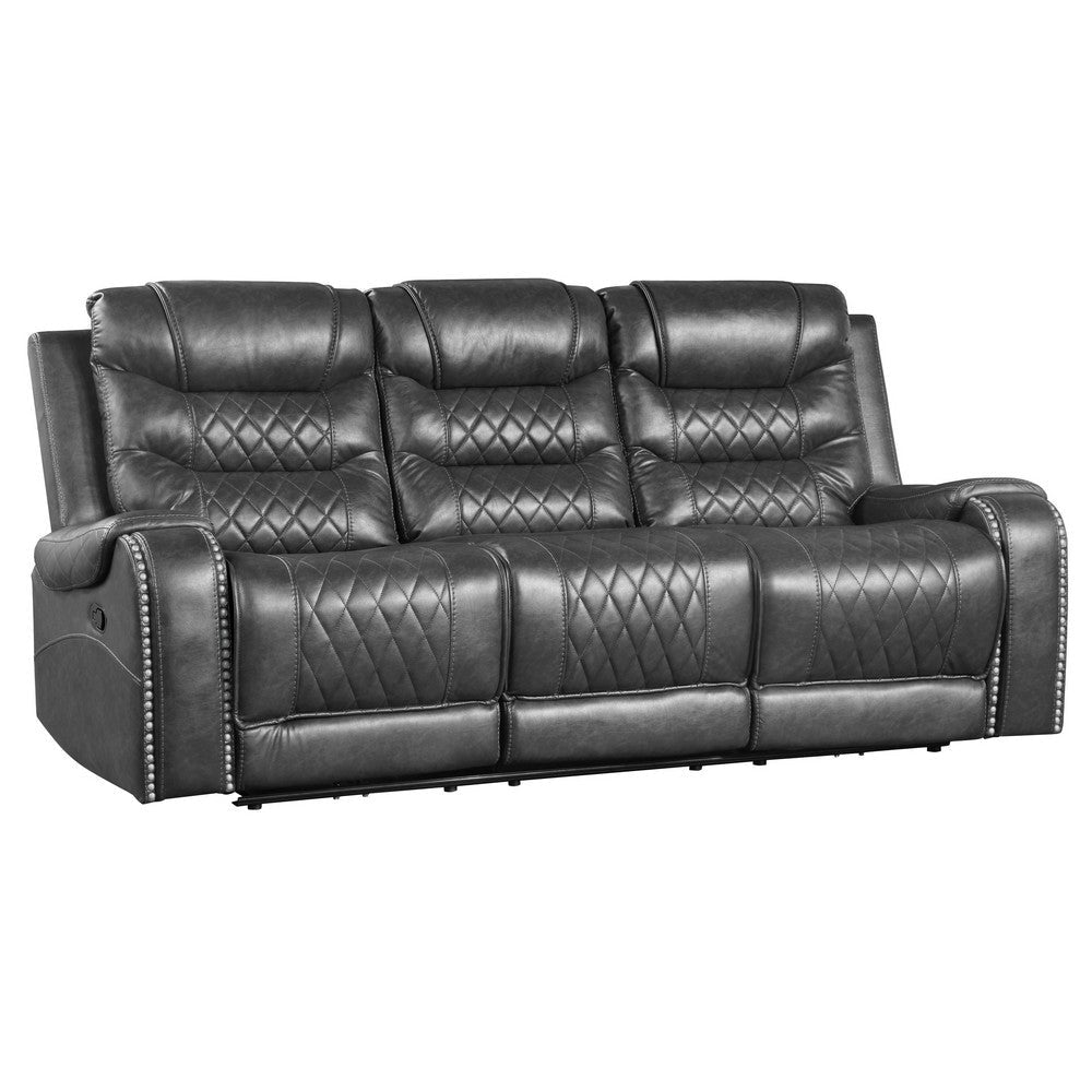 Paul 87 Inch Power Recliner Sofa, Drop Table Cupholders Gray Faux Leather By Casagear Home