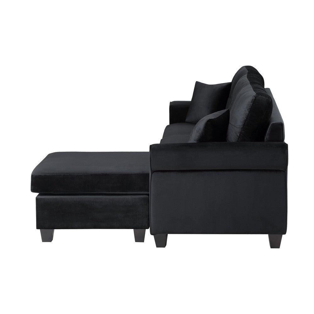 Daye 83 Inch Reversible Sofa Chaise Black Velvet Dark Brown Solid Wood By Casagear Home BM316065