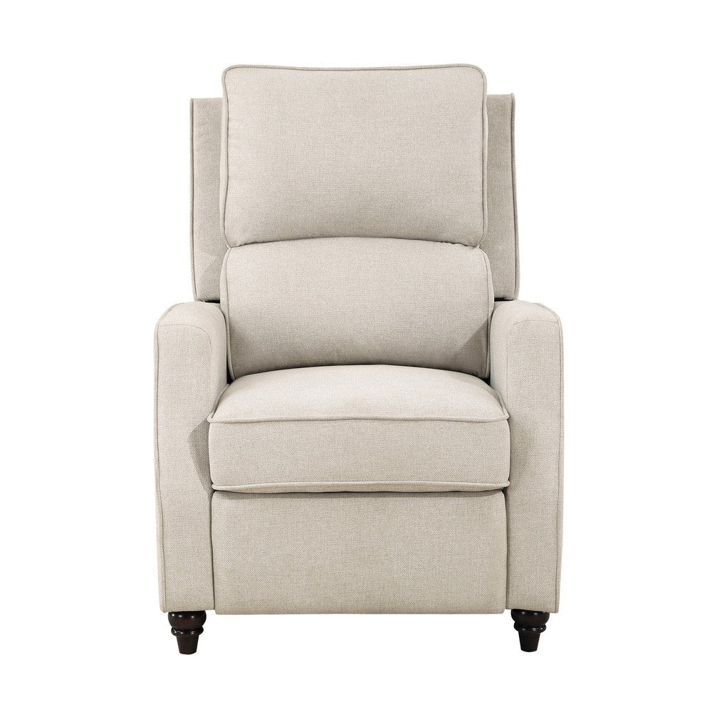 Isac 37 Inch Push Back Recliner Chair Beige Polyester Brown Solid Wood By Casagear Home BM316066