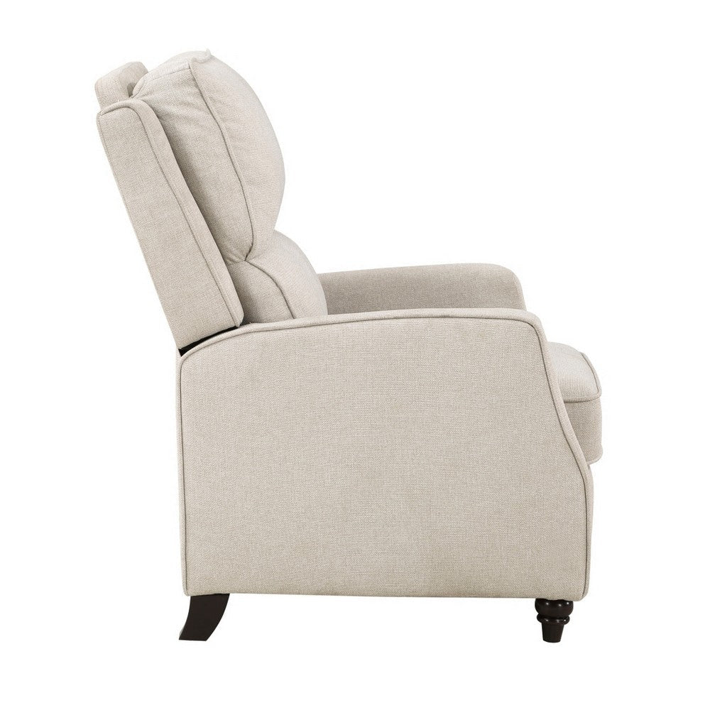 Isac 37 Inch Push Back Recliner Chair Beige Polyester Brown Solid Wood By Casagear Home BM316066